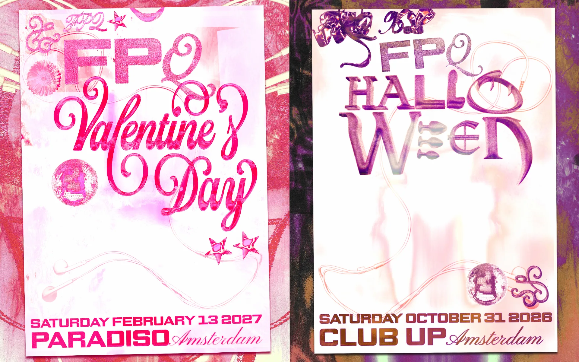 Promotional graphics for 'FPQ: Valentine's Day' (2027) in Paradiso, Amsterdam and 'FPQ: Halloween' (2026) in Club UP, Amsterdam