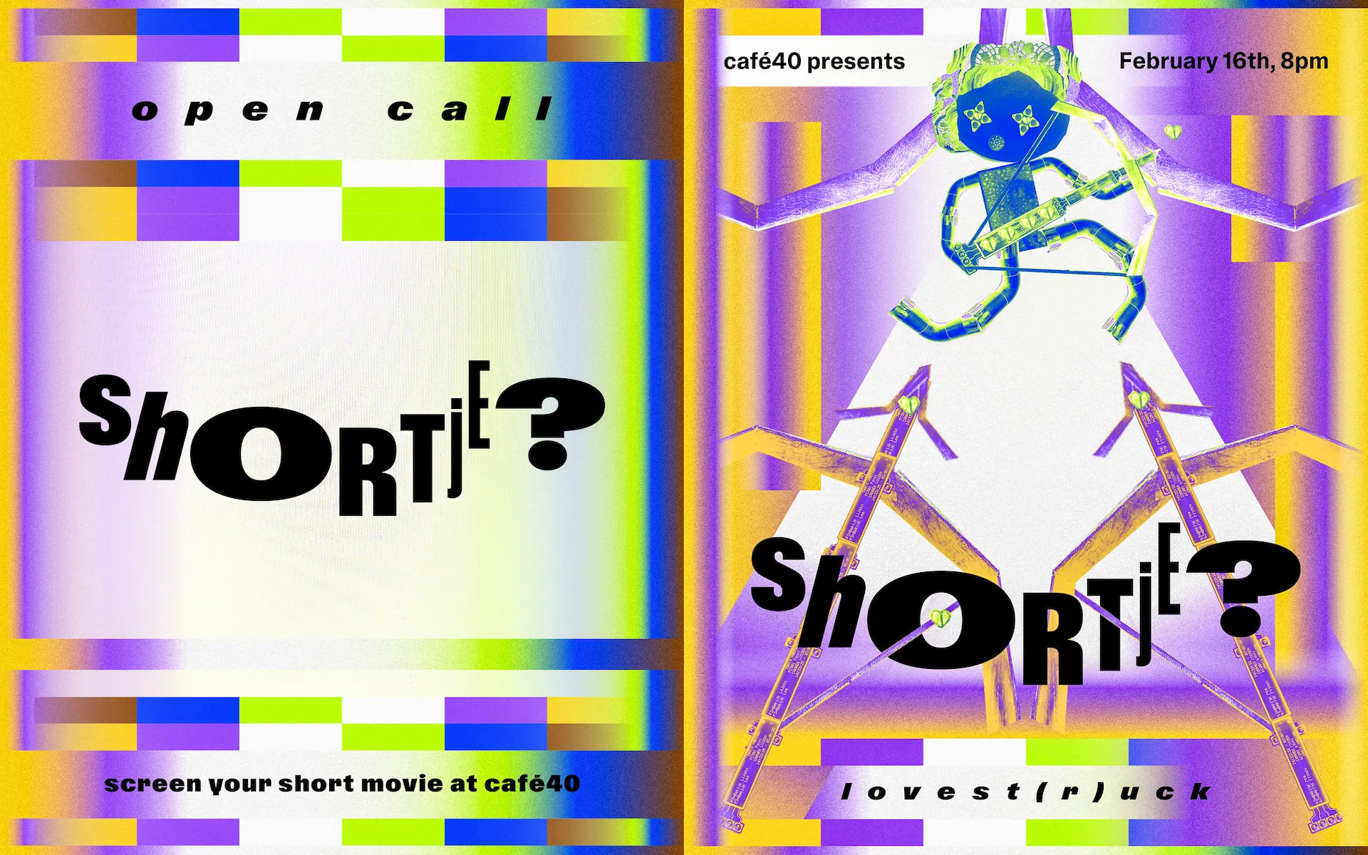 Poster designs for 'Shortje?', monthly short film screenings at café40 (2026)