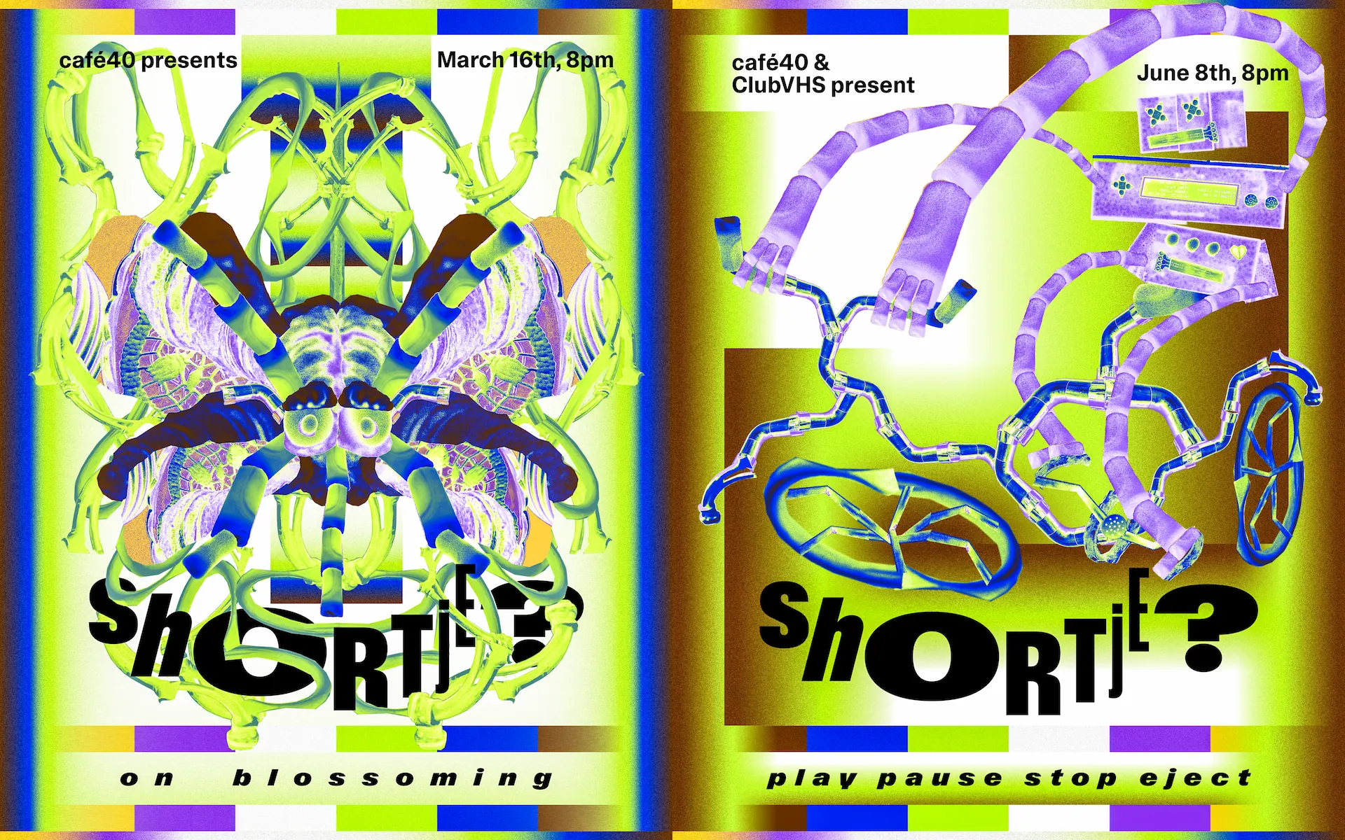 Poster designs for 'Shortje?'', monthly short film screenings at café40 (2026)